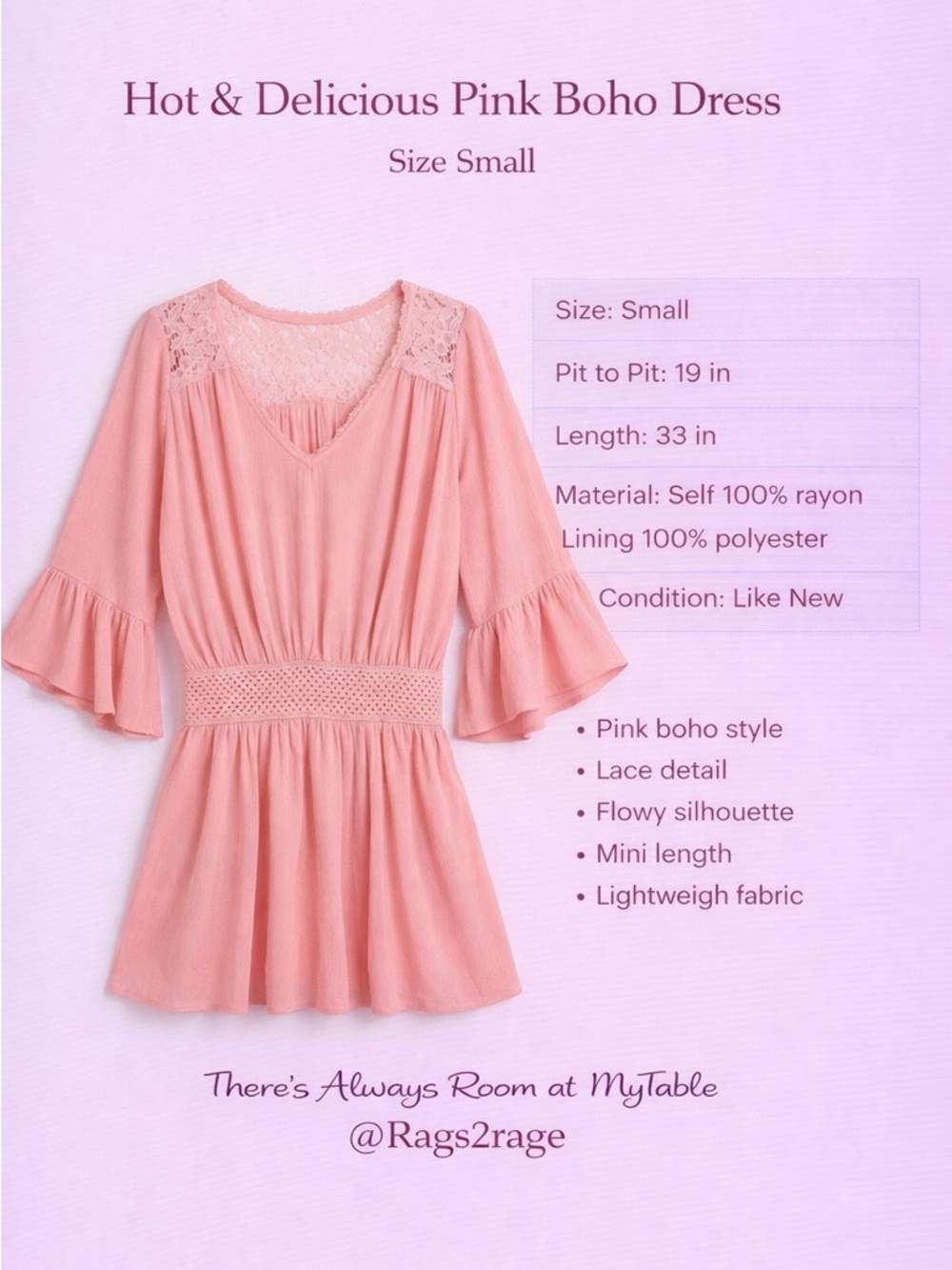Hot & Delicious Pink Boho Dress Small Lace Detail Mini